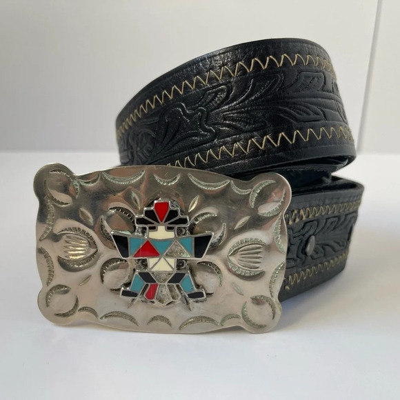 Other - Native American Turquoise Silver Genuine Leather Buckle Tooled Belt black Sz 38